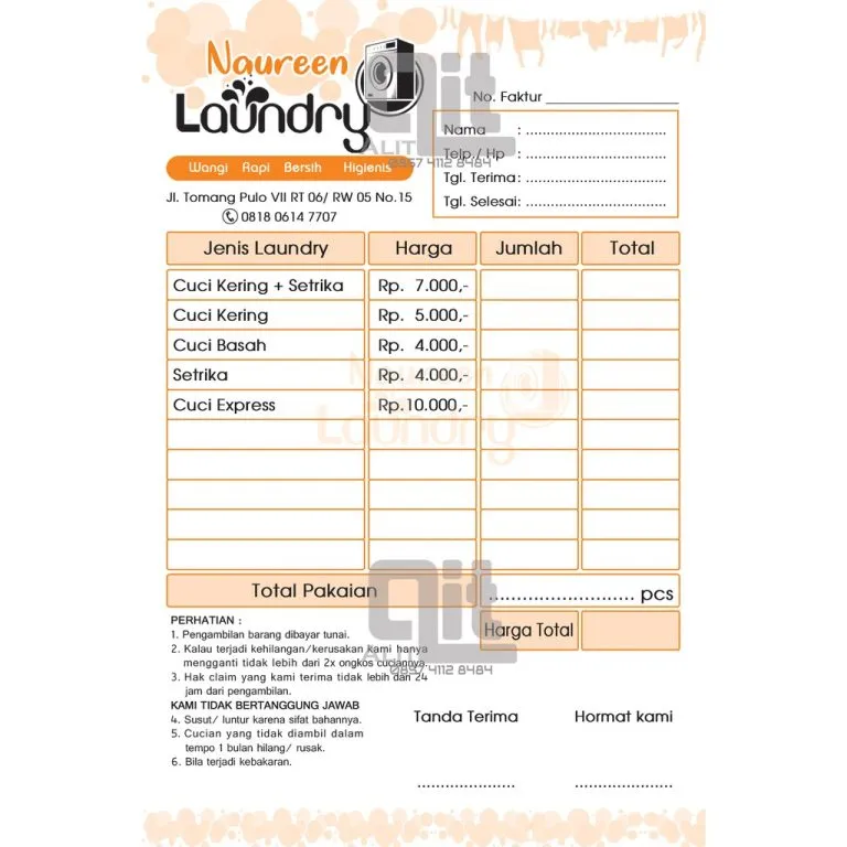 nota laundry dengan informasi penting
