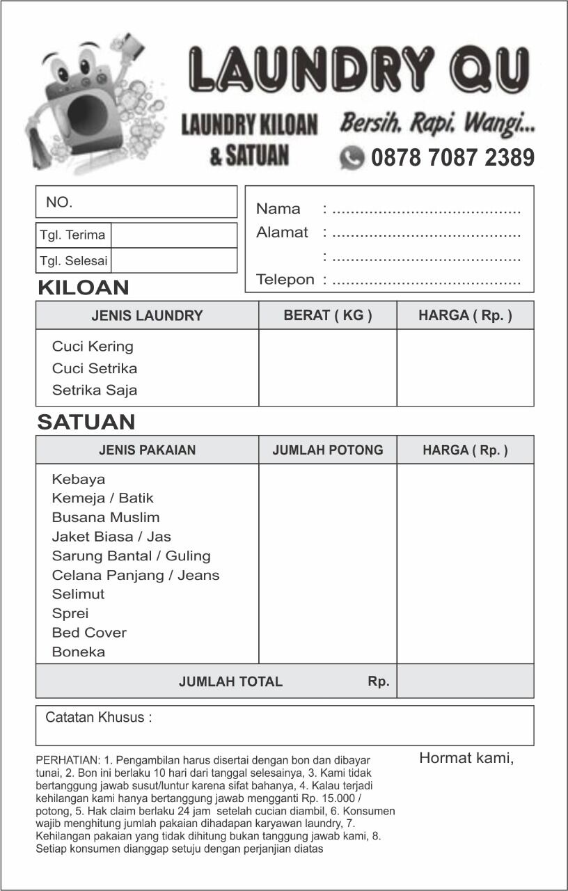 Nota Laundry dengan catatan khusus