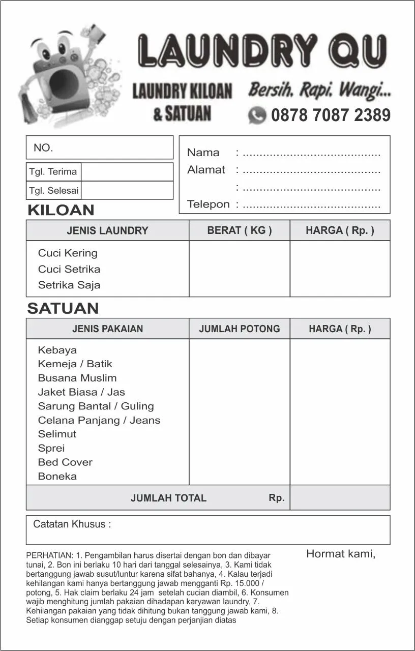 Nota Laundry dengan catatan khusus
