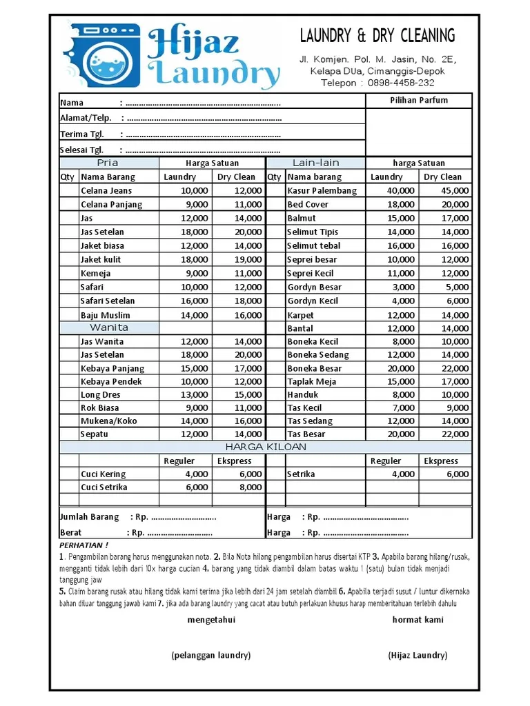 nota laundry dengan detail pesanan